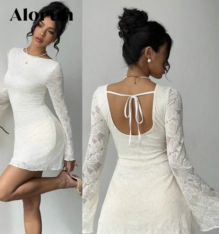 chinese dress ladies Wedtrend Women Cute Short Graduation Dress A Line Off The Shoulder Lace Holiday Dress with Long Sleeves, White / L main image 0