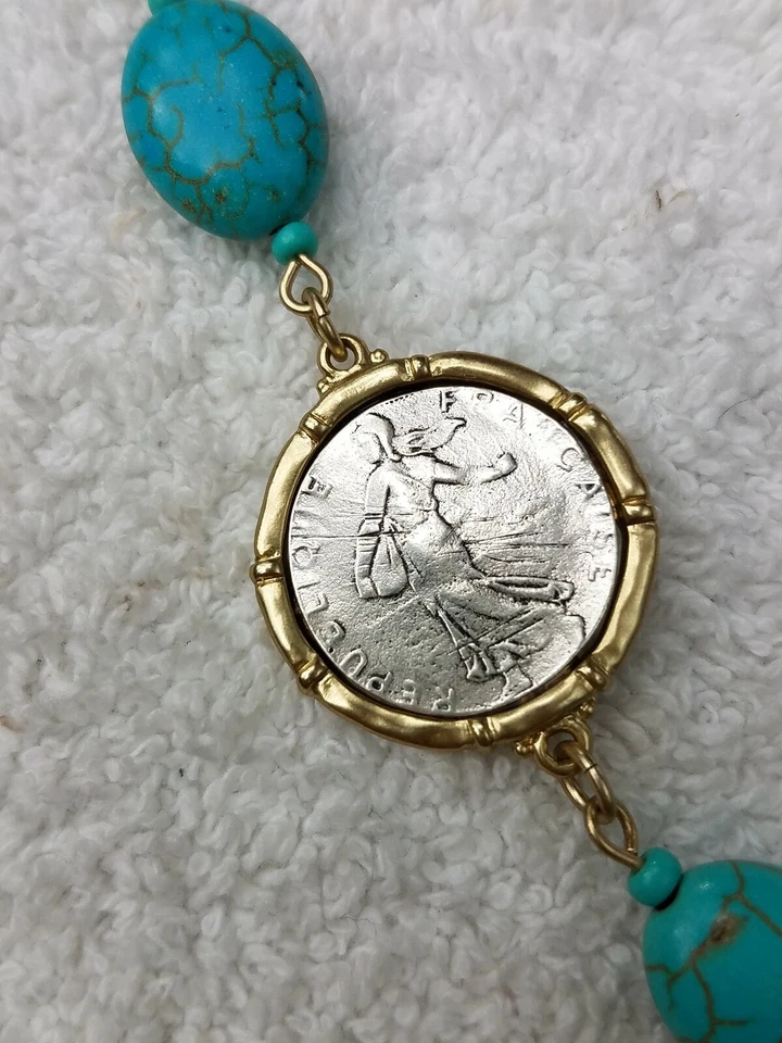 Collar Moneda Chicos Isalbella Laboratorio Cuentas Turquesa Simuladas 34" NE132 Foto 4 de 4