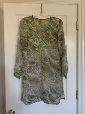 Raj 100% Silk Women's M Tunic Blouse Semi Sheer Embroidered Multi Color