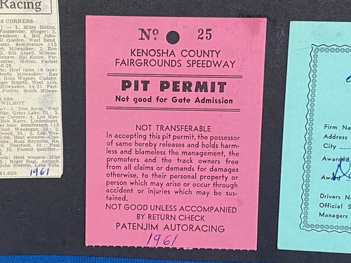 Jim Ouellette Kenosha County Speedway Pit Permit & Waukegan WI de colección 1961 Lt#6 - Imagen 3 de 6