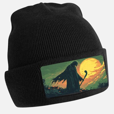Black Beanie Hat with Cool Grim Reaper Motif - Unisex Cap, Cotton