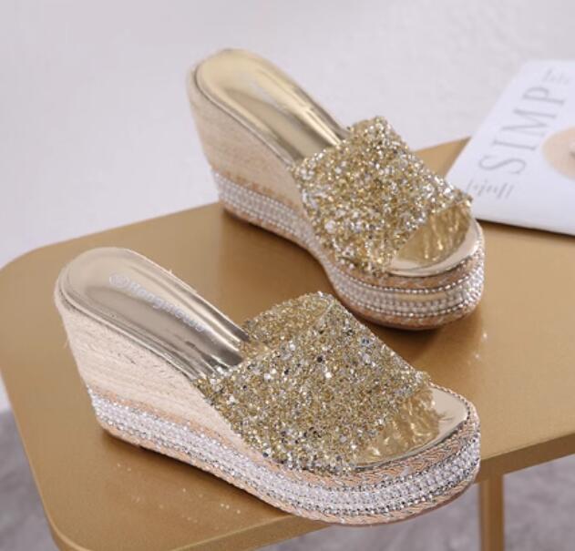 SAOLA Scarpe donna moda strass suola spessa slip tempo libero versatili zeppa tacco