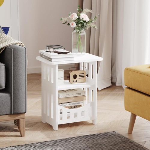 3-Tier Side End Table with Storage Shelf Basket, White Small Bedside Table, Slim - Picture 4 of 7