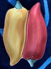 Clay Art (C.A.) Red/Yellow Chili Pepper Divided Salsa Dish -Stamped -PreOwned