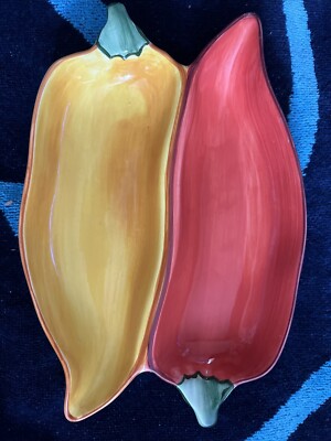 Clay Art (C.A.) Red/Yellow Chili Pepper Divided Salsa Dish -Stamped -PreOwned
