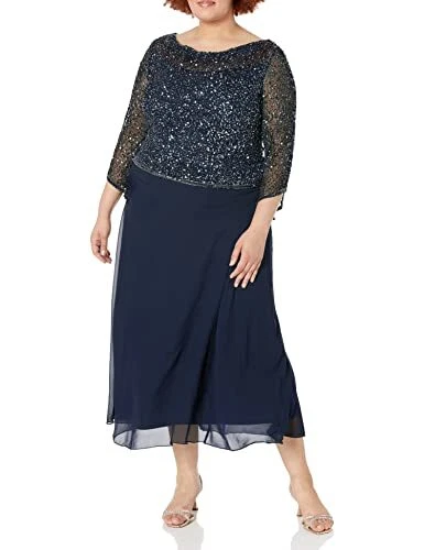 J Kara Womens Plus Size Long Beaded Dress with Cowl Neck Navy