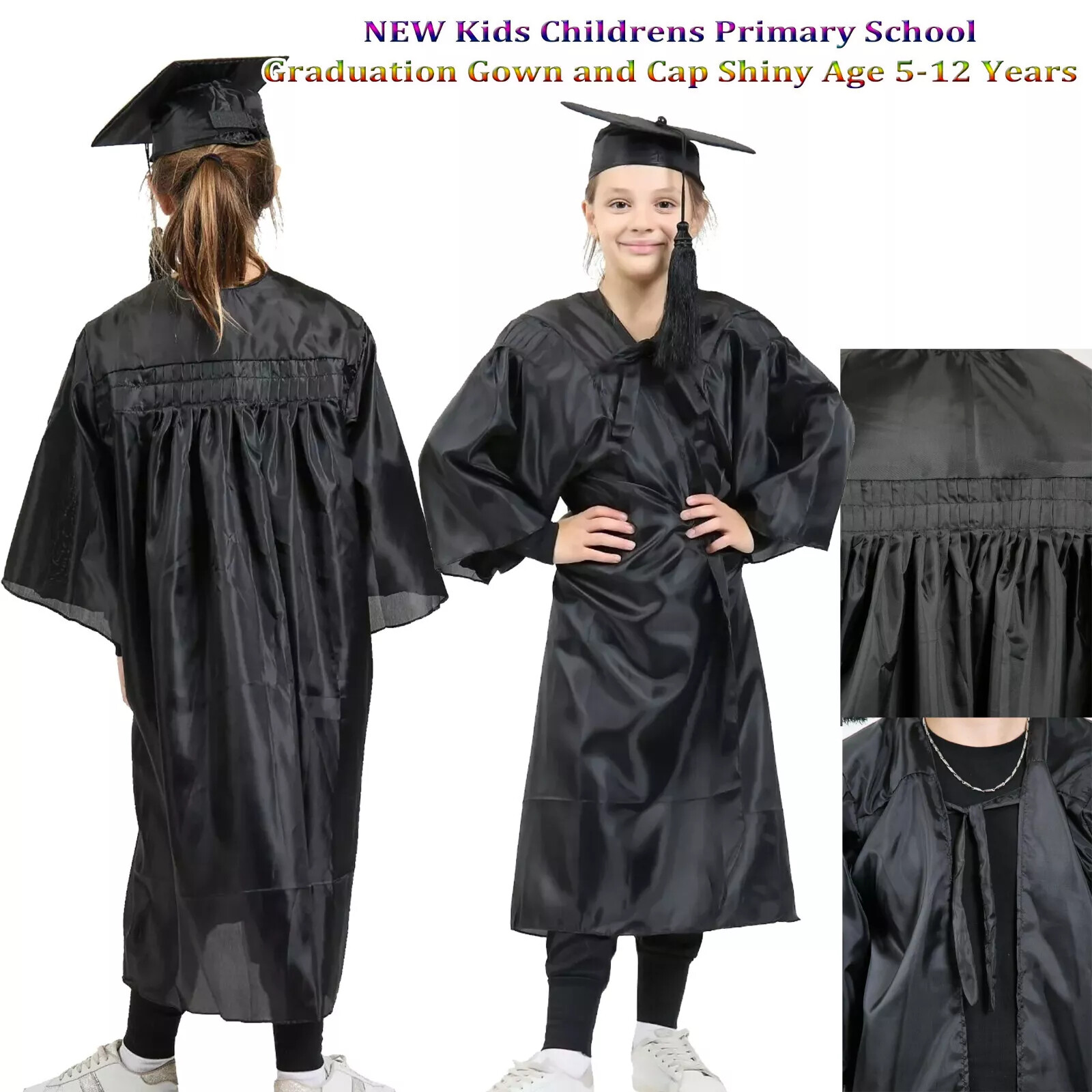NUEVO Vestido y gorra brillantes de graduación de escuela primaria para niños de 5 a 12 años