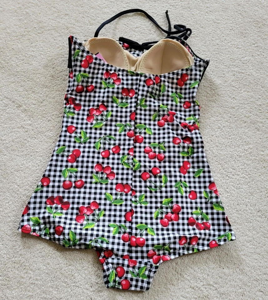 Bettie Page Pin Up Black White Gingham Cherry Print 1pc Women's Swimsuit Sz 8 - Image 3 of 4