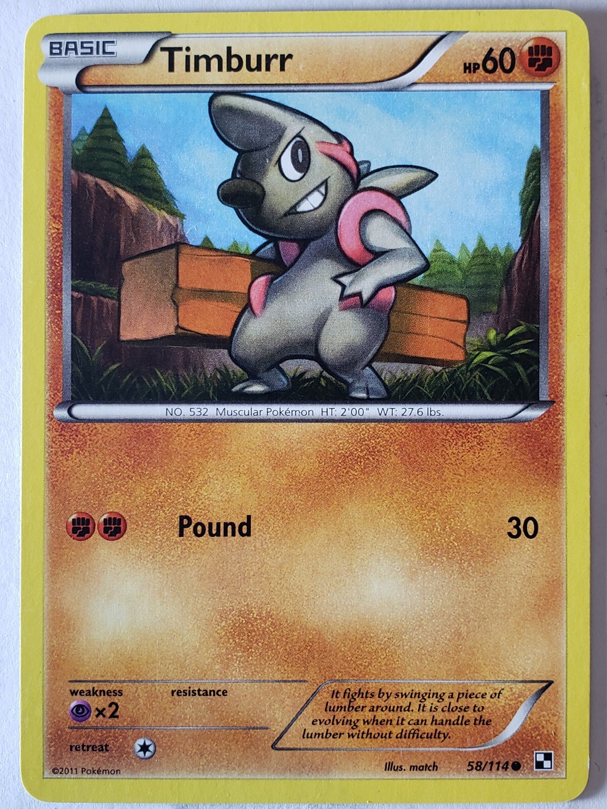 Timburr 58/114 LP / VLP - Black White Pokemon Card - $2 Combined Shipping