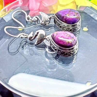 Purple Turquoise Gemstone Handmade Drop Earring, 925 Sterling Silver Earring. - Image 1 of 4