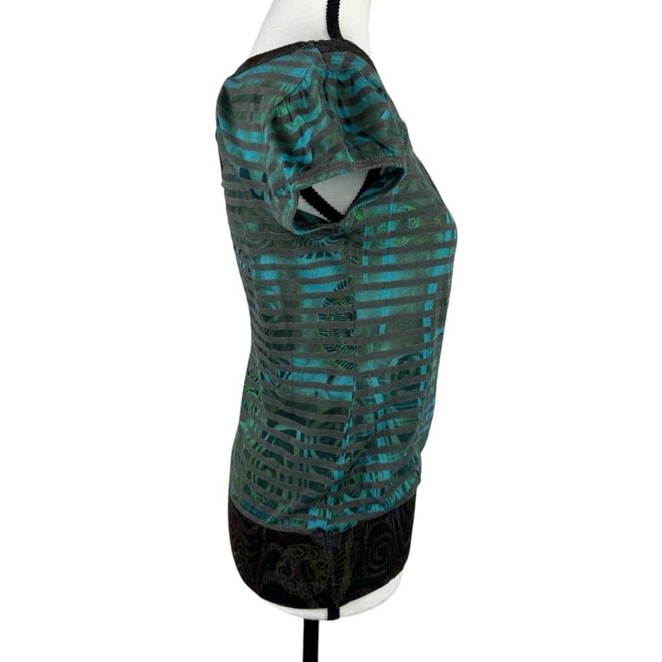 Twenty One Top Womens M Medium Green Abstract Stripe Keyhole Casual Blouse USA Foto 4 de 4