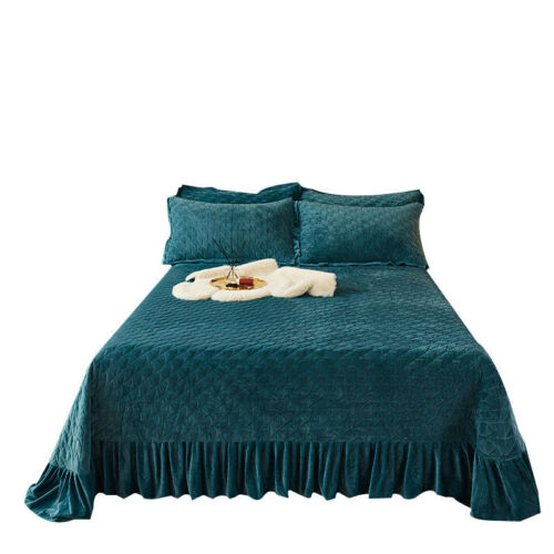 Plaid Quilted Velvet Bedspread with Ruffles Queen Size Coverlets Thick Soft 3PC - Picture 39 of 70