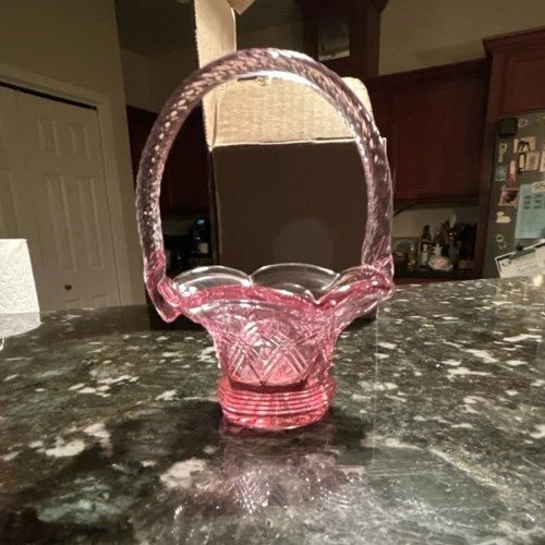 Fenton Pink Glass Decorative Basket With Handle Handmade USA Original