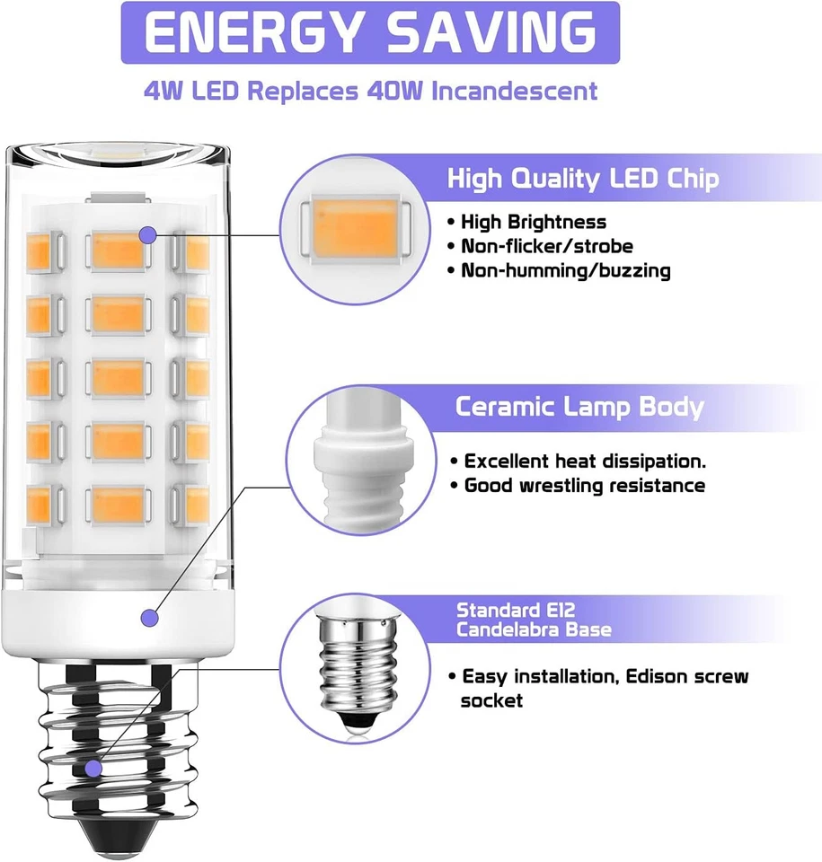 6 Pack E12 Candelabra LED Bulb 4W, C7 40Watt Equivalent, Warm White  - Image 3 of 4