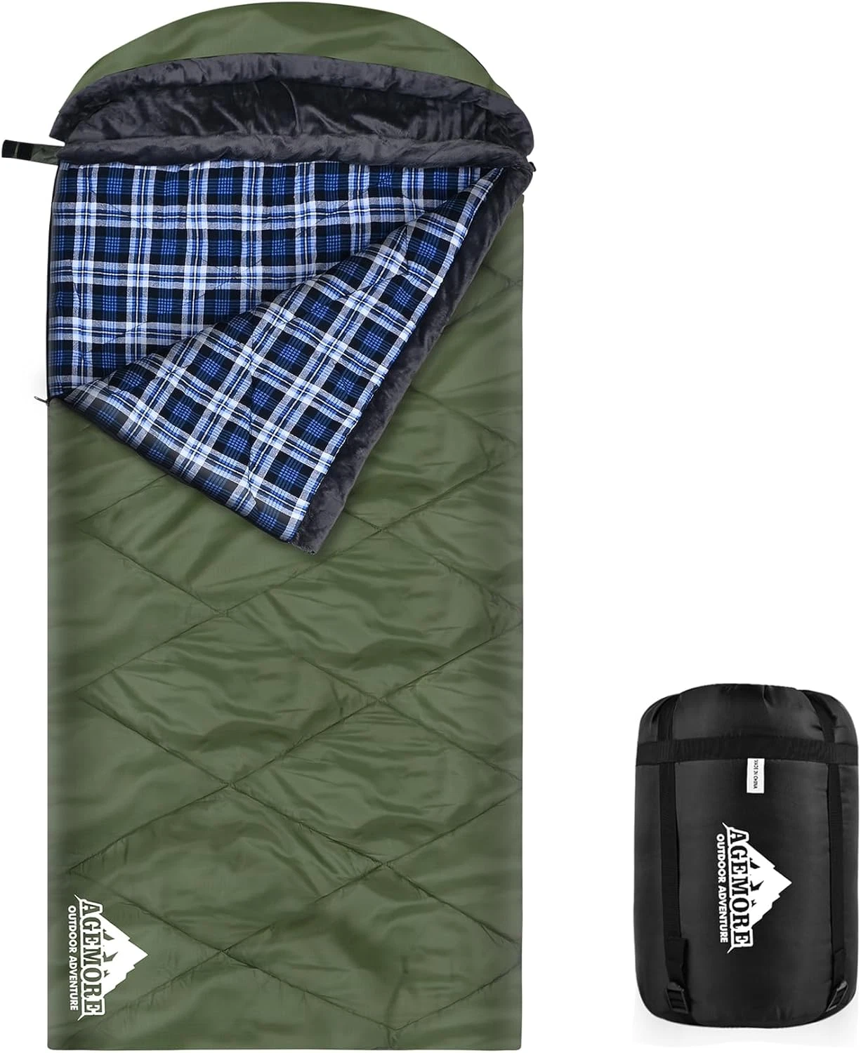 XL Waterproof Cotton Flannel Sleeping Bag with Fleece Hood for Cold Weather