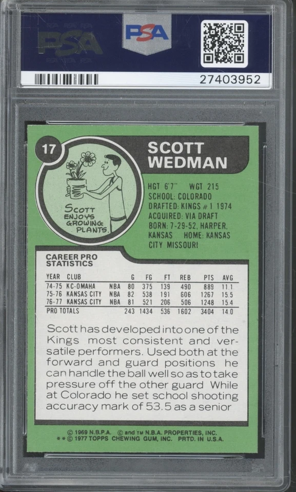 1977 Topps Basketball #17 Scott Wedman Mint PSA 9 - Image 2 of 2