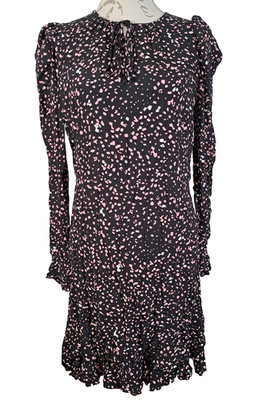 MARKS & SPENCER Printed Midi Dress Tiered Long Sleeve Tie Neck Black BNWT UK 12