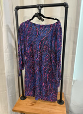 Abstract Print V-Neck Shift Dress Raglan Long Sleeve Ruffle Hem Women M