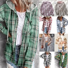 Women Check Holiday Casual Jacket Shacket Baggy Hooded Tops Shirt Coat Oversized