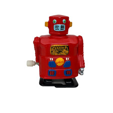 Vintage Machine Man Red Wind Up Walking Robot Toy Mechanical Works