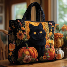 Personalized Black Cat Pumpkin Fall Autumn Harvest Season Quilted Tote Bag Gift