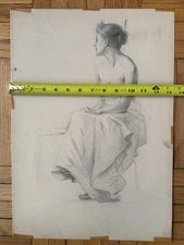 19th Century Antique Pencil Drawing Portrait Woman Attributed L E Faber 19x13