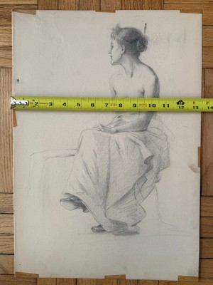 19th Century Antique Pencil Drawing Portrait Woman Attributed L E Faber 19x13