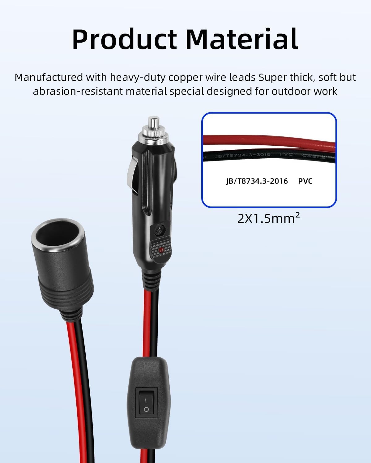 12V 24V Cigarette Lighter Male Plug to Socket Power Cable, 16 AWG 0.6M/2FT