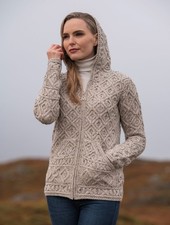 Aran Crafts XS Cable Knit Hooded Cardigan Zip Up SOFT Sweater   FLECKED OATMEAL
