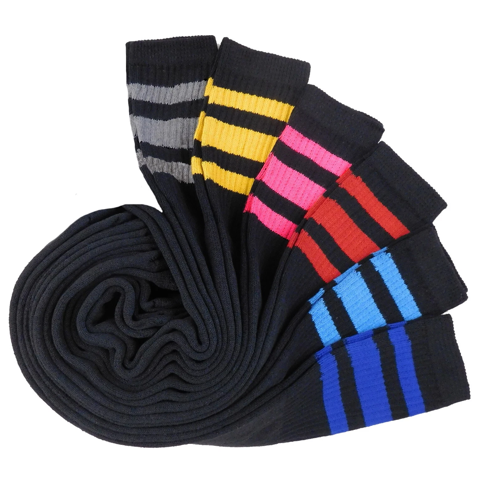 6 PK TUBE SOCKS COTTON ASSORTED COLOR STRIPES 22 INCH SPORTS SOCKS OLD SCHOOL