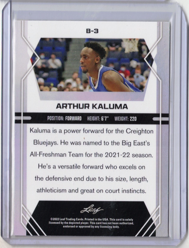 🔥 ARTHUR KALUMA 22-23 Leaf #B-3 PURPLE Parallel Creighton Bluejays Rookie RC 🔥 - Picture 2 of 2