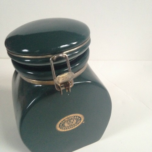 European Coffee House Ceramic Canister Jar Metal Close Lock Lid Green