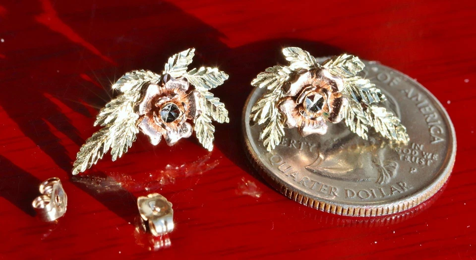 14k 多色金色耳环钻石切割玫瑰花耳钉 2.3 克 Fortunoff N2760J — 第 4/4 张图片