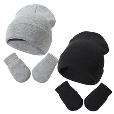 Baby Beanie Hat Gloves Set, Kids 3-24 Months 2pcs Gray  Black No Thumbs 