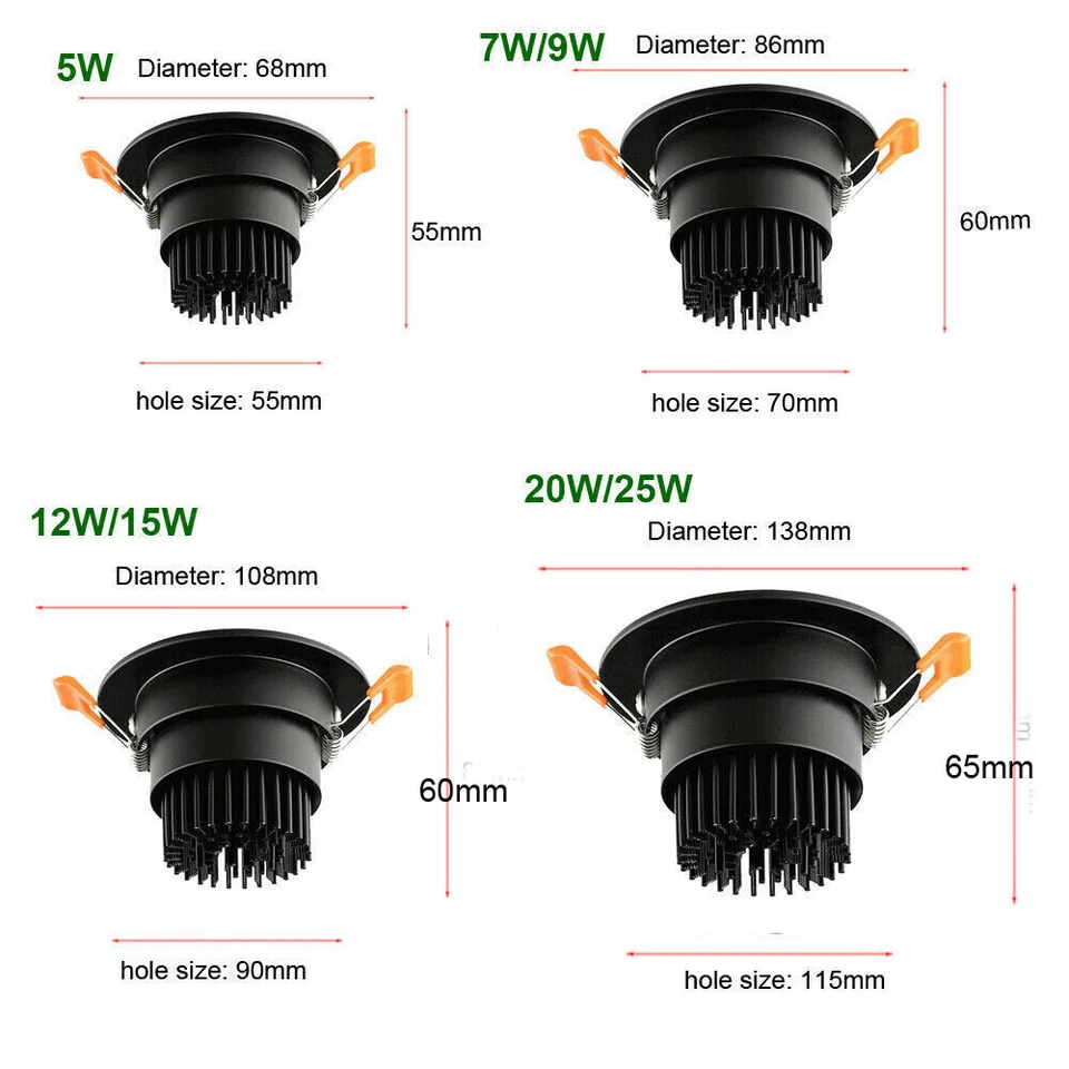 LED Recessed Ceiling Light Lamp COB Spotlight Downlight 7W 9W 12W 15W 20W Black - Image 2 of 4