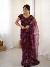 Fancy Designer Net Fabric Wine Saree With Blouse For Indian Wedding Wear