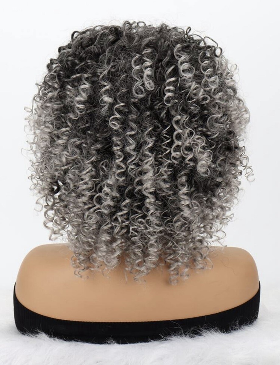Perruque Courte Bouclée Gris - Style Afro Avec Frange - Synthétique 35cm - Taille Moyenne - Neuf