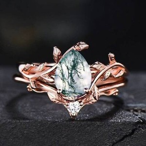 Authentic 14K Rose Gold Plated 8*6 MM Pear Cut Moss Agate Branch Bridal Wedding Ring Set
