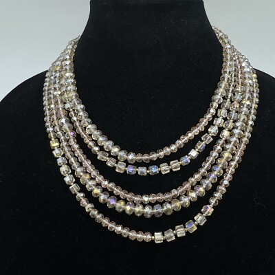 Pink Crystal Multi Strand Necklace Layered Aurora Borealis 20 