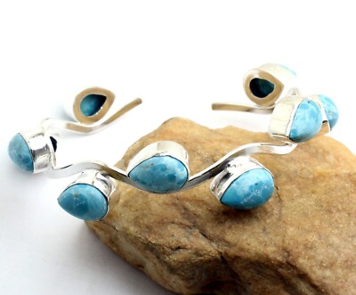 Bracelet En Argent Sterling 925 Fait Main - Pierre Bleue Larimar - Fermoir à Bascule - Réglable
