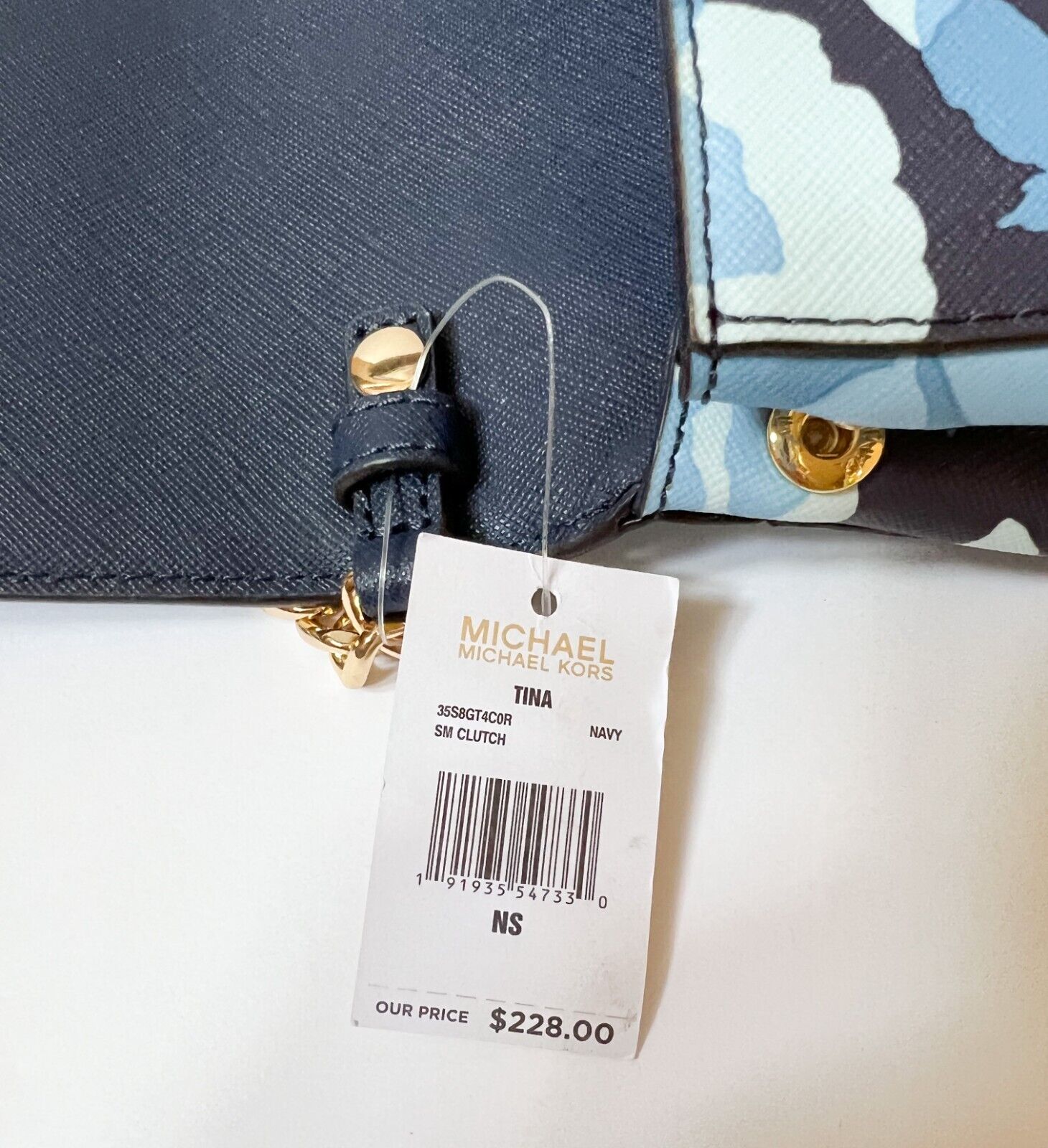 Michael Kors Tina Small Clutch Navy Blue Floral Saffiano Leather 