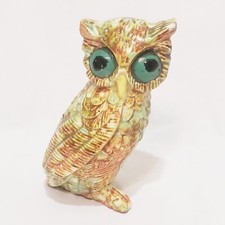 Vintage Owl Sitting Figurine Green Brown 5" Big Eye Ceramic Hand Painted Damaged