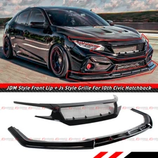 FOR 16-2021 HONDA CIVIC HATCHBACK V3 BLACK FRONT BUMPER LIP + J STYLE MESH GRILL