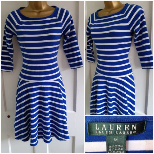 RALPH LAUREN 3/4 Sleeve Skater Blue White Striped Jersey Dress Size M 10 / 12 - Picture 1 of 14