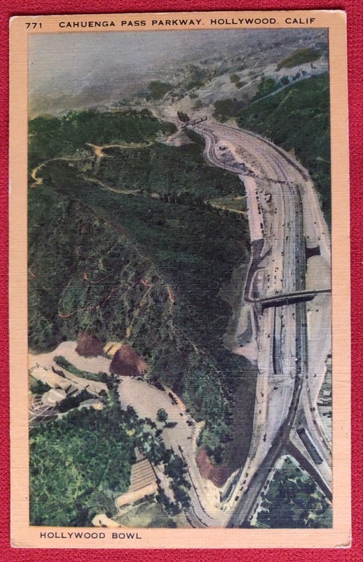 Vintage (40's) Linen Postcard of Cahuenga Pass Parkway CA, scribbles on back