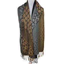 Paskalina Pashmina Patchwork Shawl Scarf Fringe Polka Dots Circle Black Brown