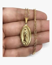  18k Oro Laminado Medalla de Virgen de Guadalupe & Cadena 18" Para Mujer o Niños