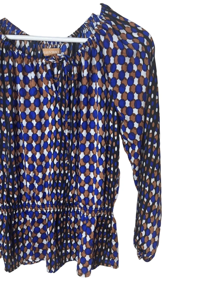 Blusa Ellen Tracy Mujer XS Marrón Azul Estampado Geométrico Manga Larga Trabajo Top Foto 4 de 4