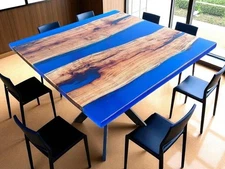 Handmade 30" Blue Epoxy Resin Table Top | Live Edge Wood | Unique Art Design