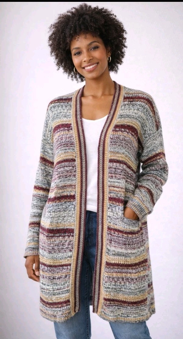 Knox Rose Women's Striped Long Sleeve Open Cardigan Earth Tones L  Southwest